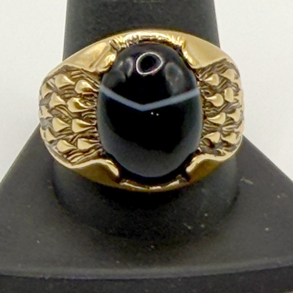 SETA Men's Gold Tone Signet Ring Black Streaked Glass Cabochon‎ Size 12.25